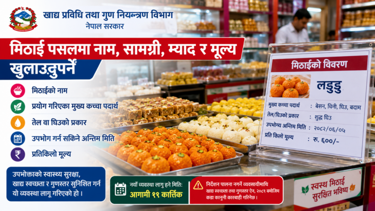 मिठाई पसलमा नाम, सामग्री, म्याद र मूल्य खुलाउनुपर्ने